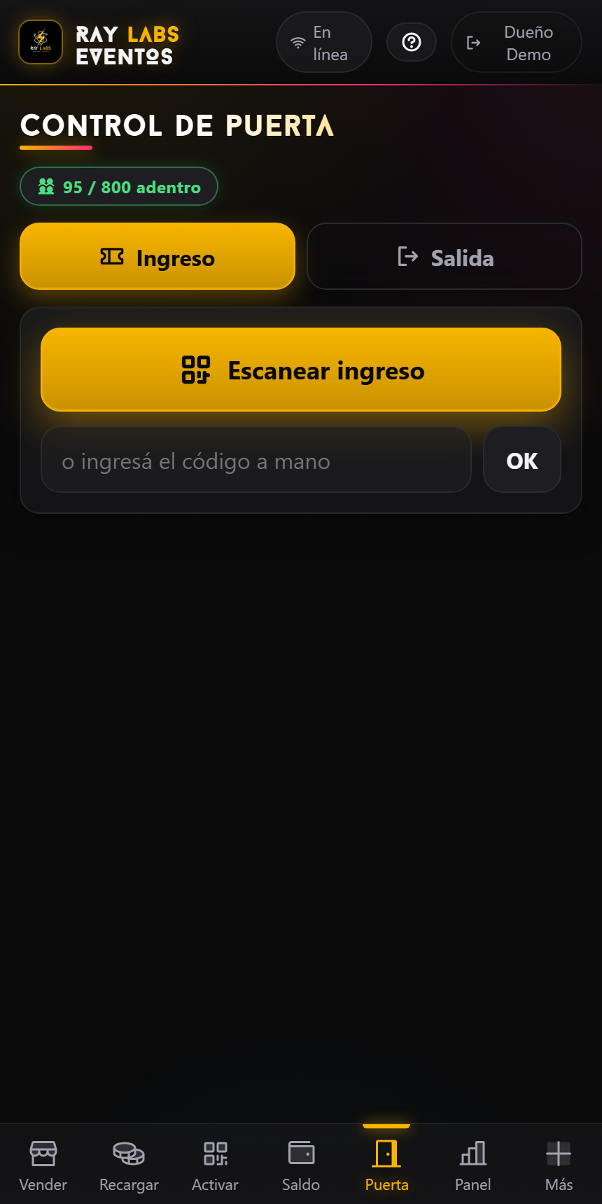 Eventos — control de puerta y aforo en vivo